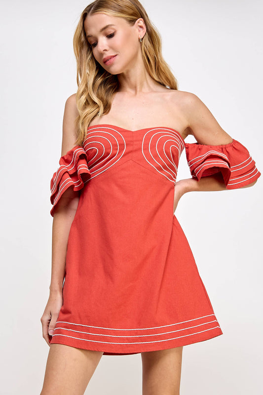 Off Shoulder Embroidered Linen Mini Dress