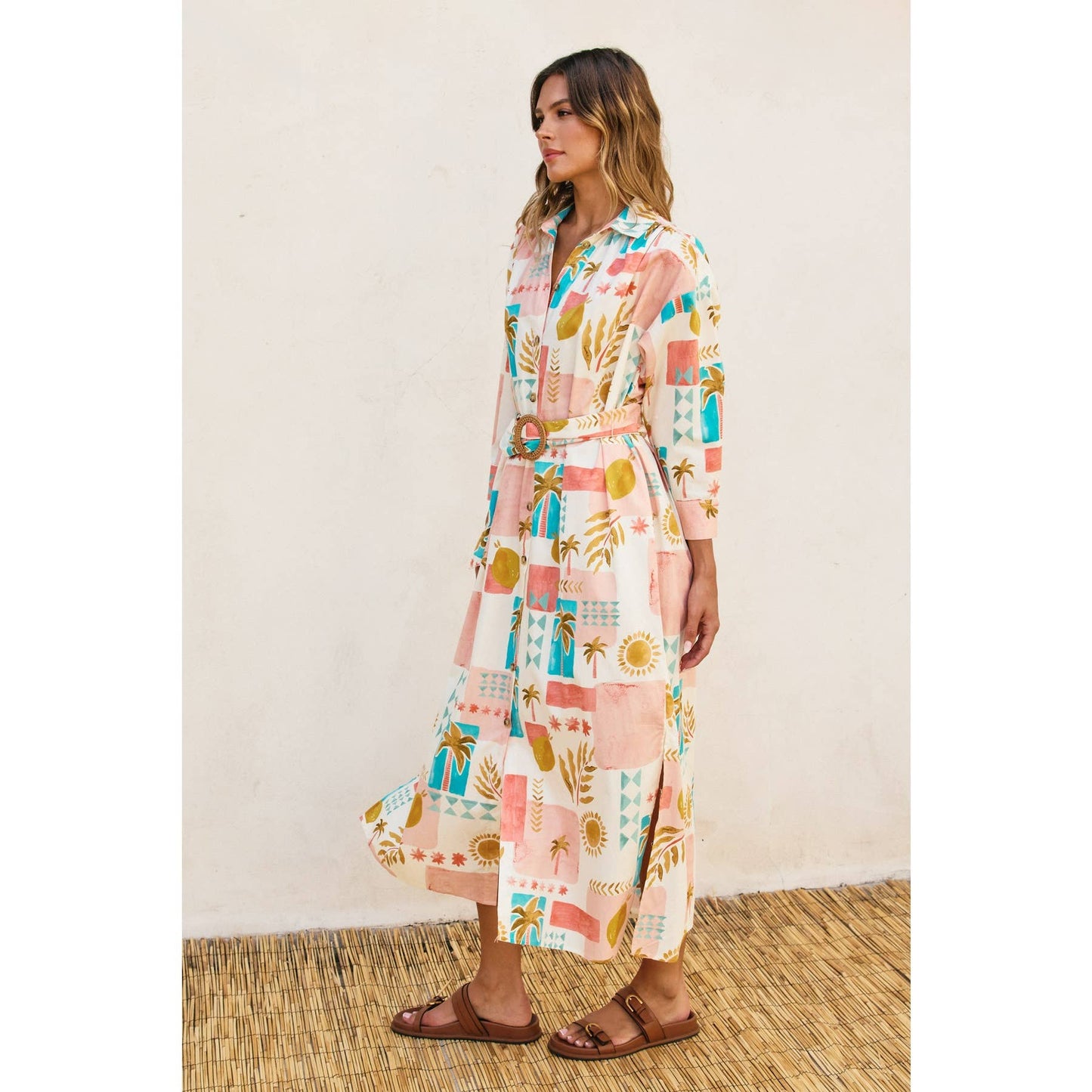 Moroccan Spring Buckled Belt Shirt Dress