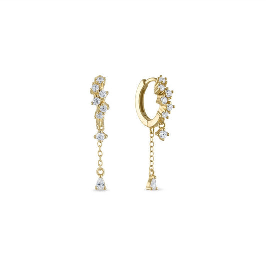 14k Vermeil Cluster Huggie with Dangle Chain Drop Earrings