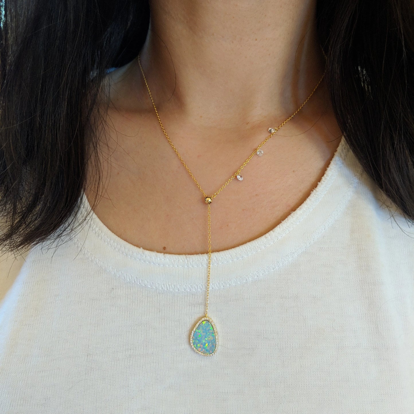 Opal Pebble Double Lariat Slider Necklace