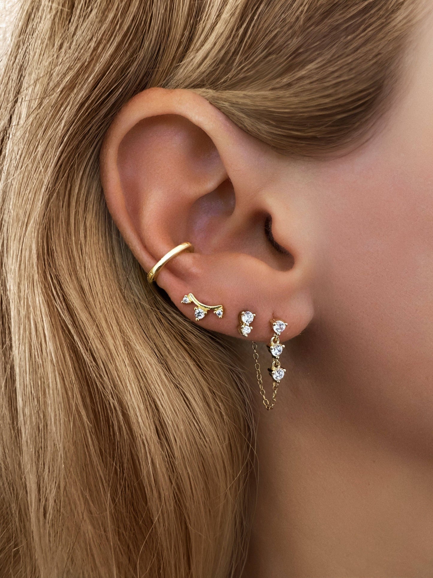 14k Vermeil CZ Dangle Chain Stud Earrings- Mini