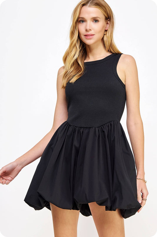 Knit Contrast Balloon Poplin Mini Dress